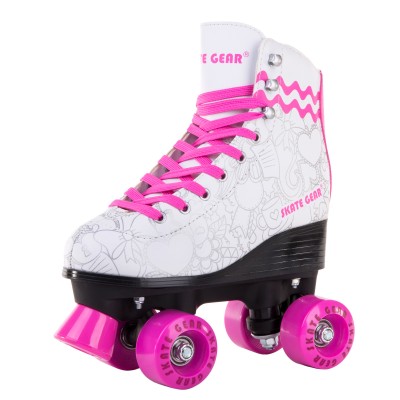Cal 7 Roller Skates for Indoor & Outdoor Skating, Faux Leather Boot with Quad Design, Ankle Support Frame, Adults & Kids (Graphic White, Youth 2)   